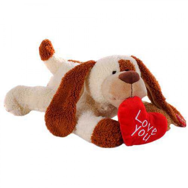 White and Brown 18 Inch Sleeping Dog with Red Love You Heart
